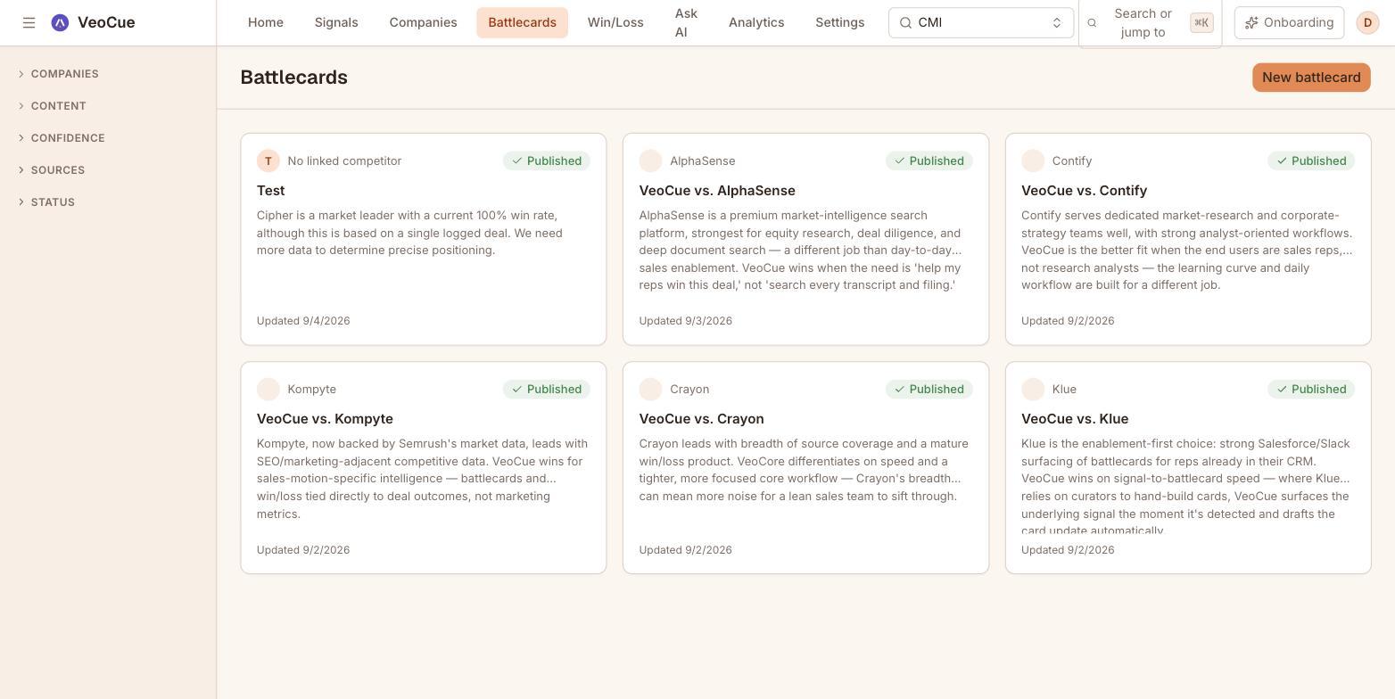 Battlecards in the VeoCue demo tenant