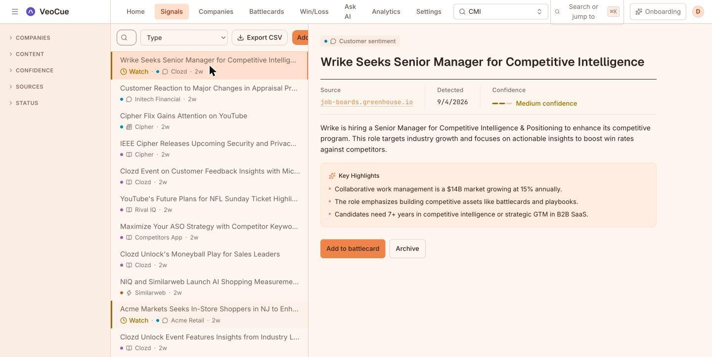 Signals list in the VeoCue demo tenant, with source, detection date and confidence
